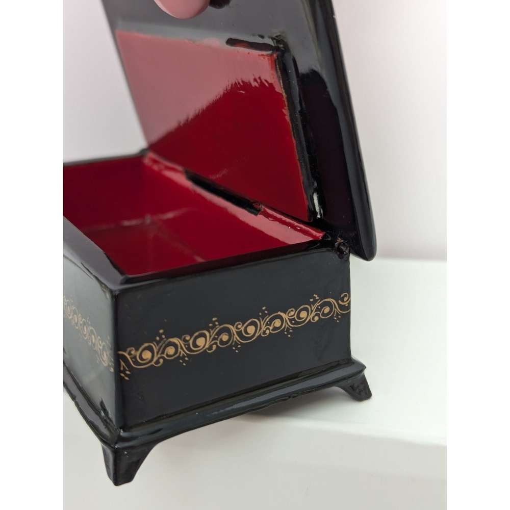 Vtg Handpainted Russian Trinket Box Lacquer Mstera Signed Horses Troika Sleigh - Picture 9 of 16